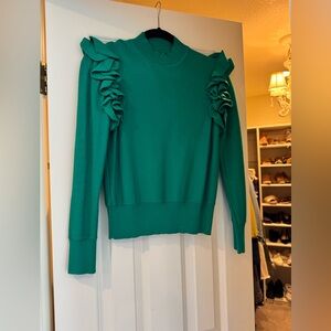 Halogen Green Crewneck Sweater with Shoulder Ruffles